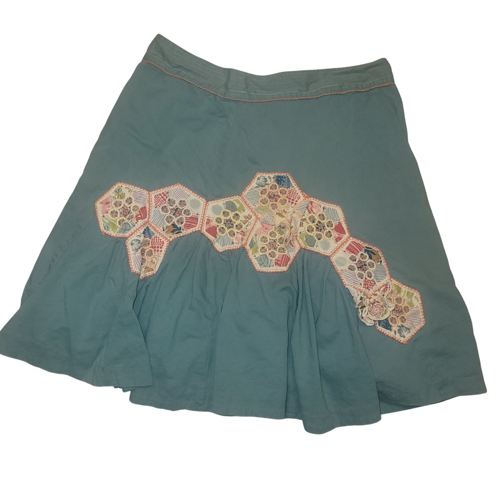 Odille Teal Cotton A-Line Skirt Hexagon Patchwork Floral Embroidery Accent retro